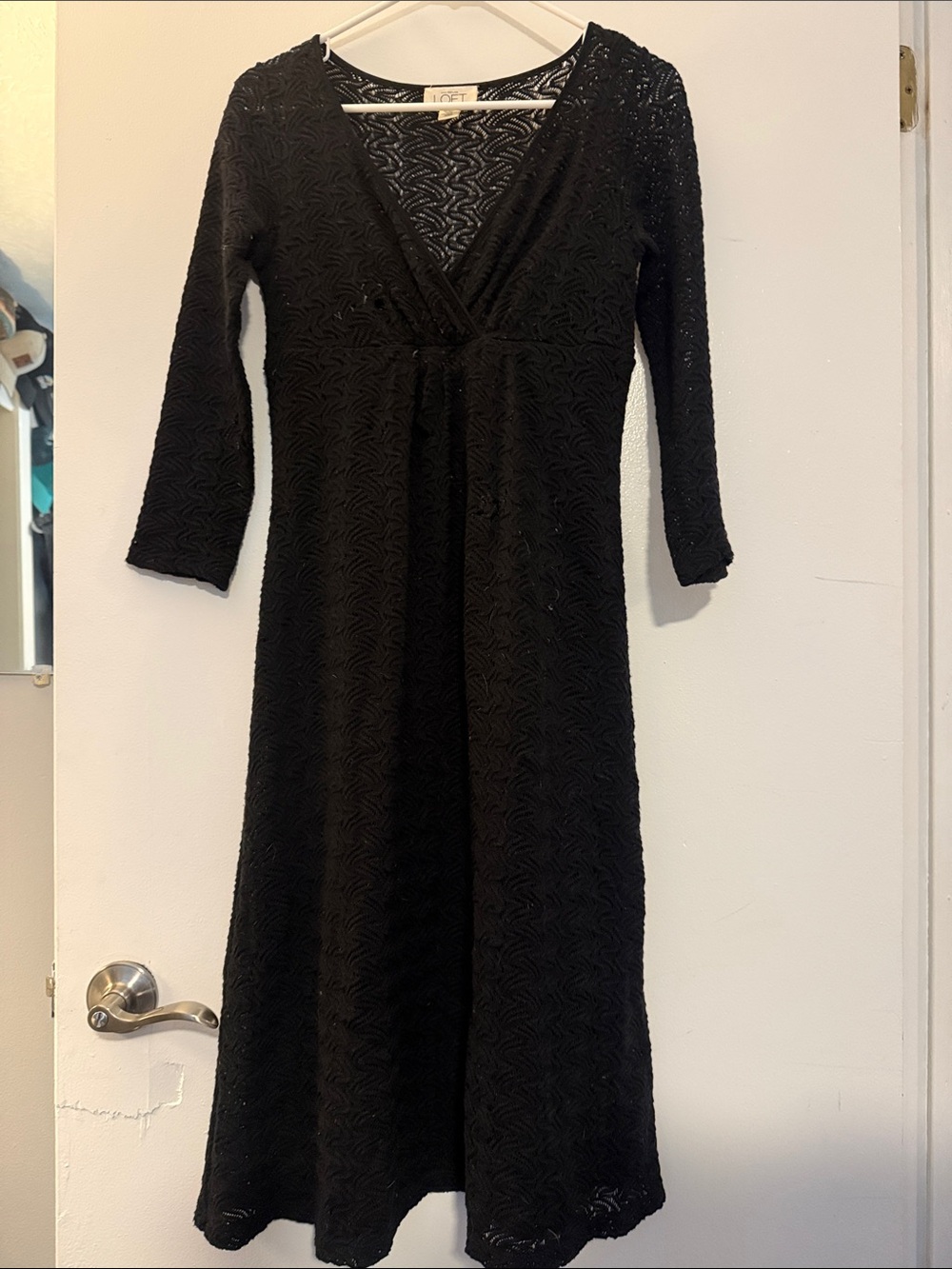 LOFT Black Lace V-Neck A-Line Long Sleeve Midi Dress - Picture 1 of 3